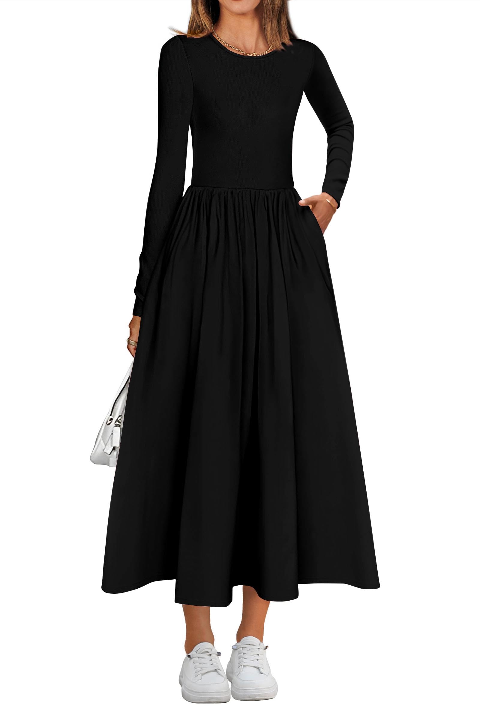 KIRUNDO Women's Casual Long Sleeve Boho Flowy Midi Dress with Pockets - Elegant Wedding Guest Dress for Spring Summer Fall 2025 | Perfect for Garden Parties, Bridal Showers & Date Nights