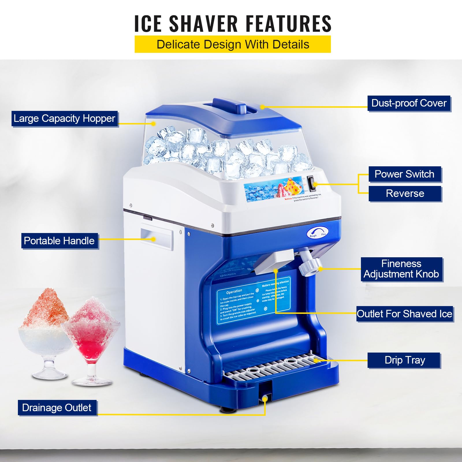 Happybuy 110V Commercial Ice Shaver Crusher - 441LBS/H Heavy Duty Electric Snow Cone Maker with 11LBS Hopper, 300W for Parties, Events, Snack Bars, Restaurants & Home Use - Perfect for Summer Treats, Cocktails & Desserts
