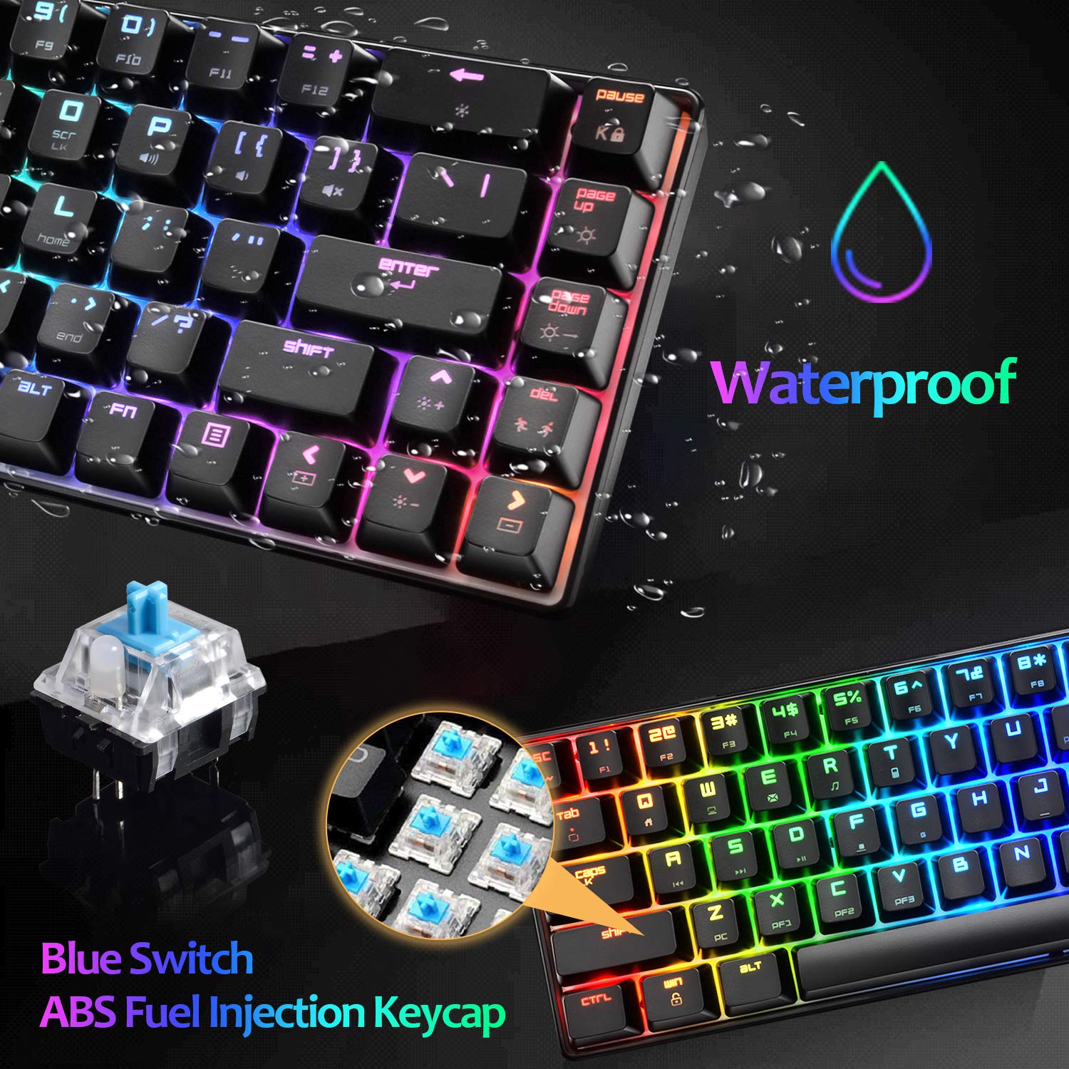 60% RGB Mechanical Gaming Keyboard - 68 Keys, USB Type-C, Waterproof for PC Gamers