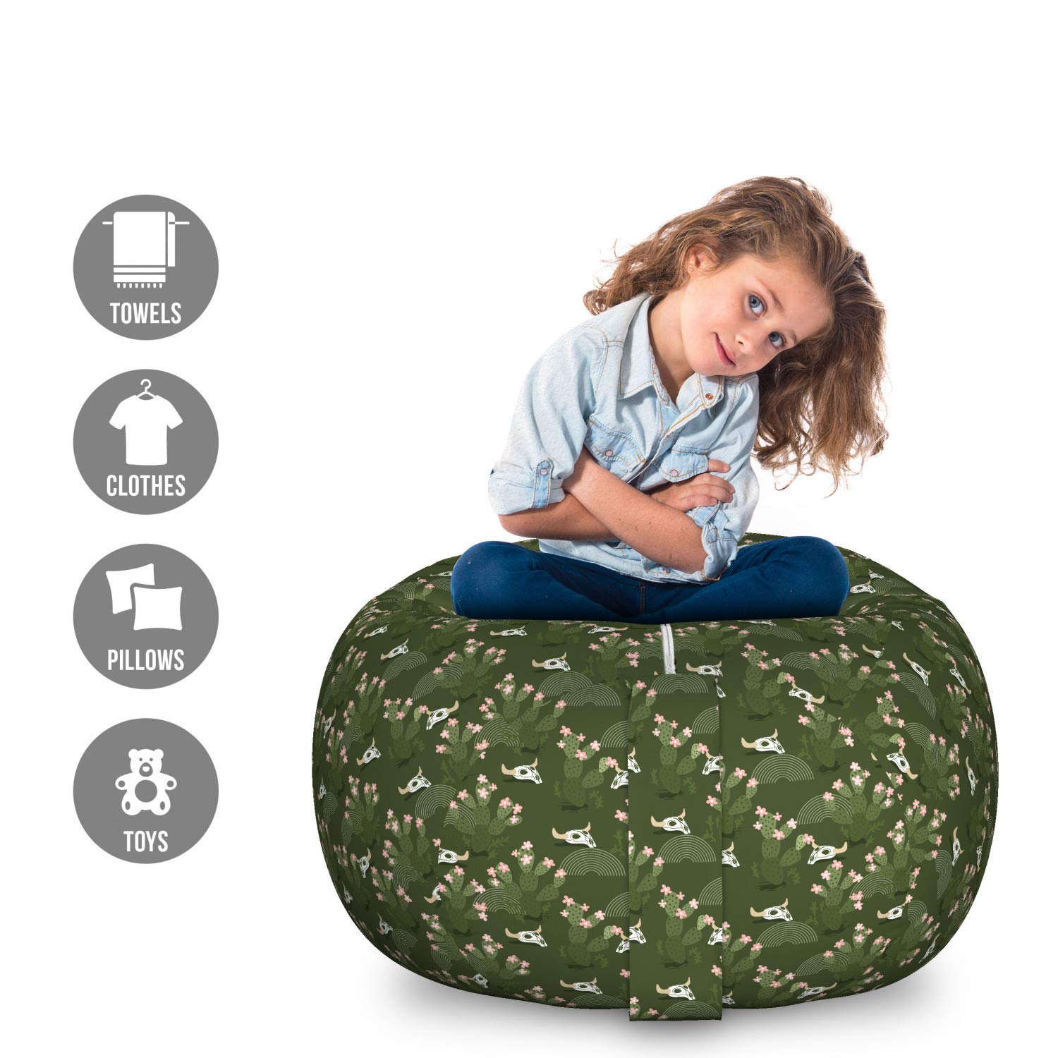 Ambesonne Floral Storage Toy Bag Chair - Large Washable Stuffed Animal Organizer with Cactus Flower & Skull Design in Evergreen Sage Green - Perfect for Kids' Room, Nursery, Playroom & Home Organization