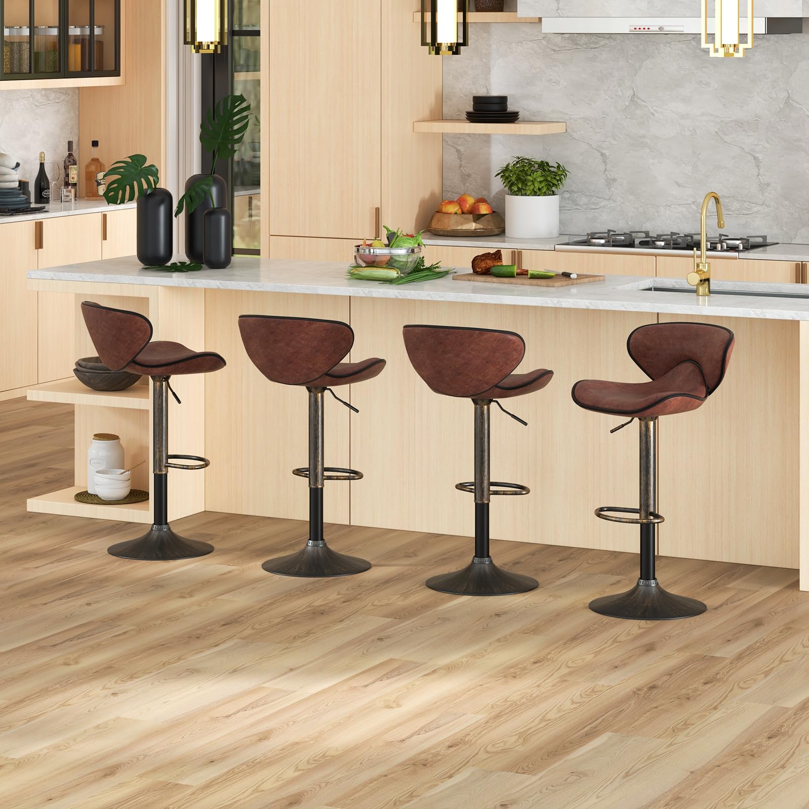 COSTWAY Set of 2 Swivel Bar Stools with Backrest & Footrest - Adjustable Height Counter Stools for Kitchen Island, Home Bar, Dining Room & Pub - Dark Brown Barstools for Comfortable Seating & Stylish Decor