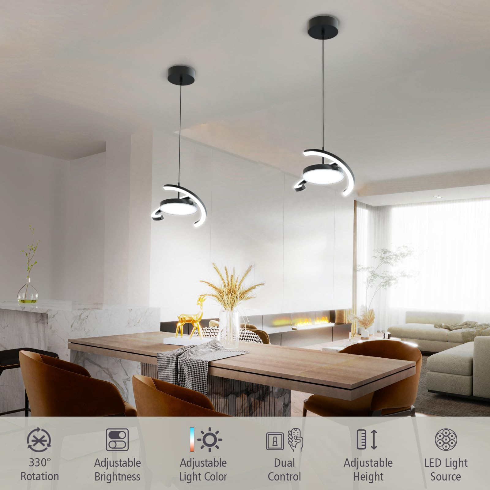 FIMEI LED Pendant Light Fixture - Dimmable 3000-6000K Adjustable Hanging Chandelier with Saturn Ring Design for Dining Room, Kitchen Island, Living Room, Bedroom & Entryway - Modern Lighting for Home Decor & Interior Design