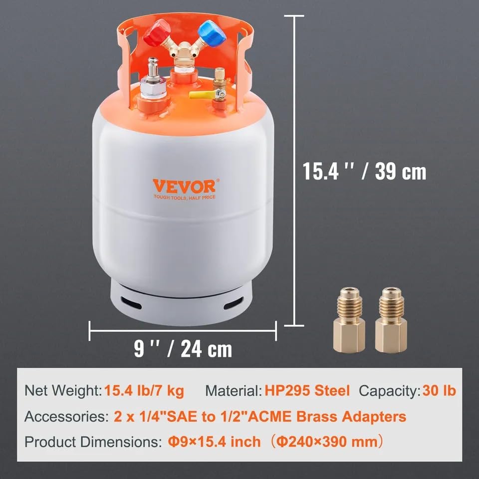 30lb Refrigerant Recovery Tank with Floating Switch - Heavy Duty Cylinder for HVAC & AC Repair | Professional Use in Automotive, Commercial & Residential Cooling Systems