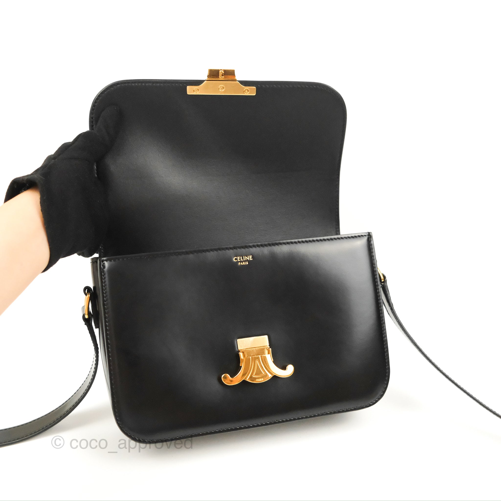 Celine Medium Triomphe Bag in Black Shiny Calfskin Leather - Luxury Handbag for Women, Perfect for Work, Travel & Evening Events