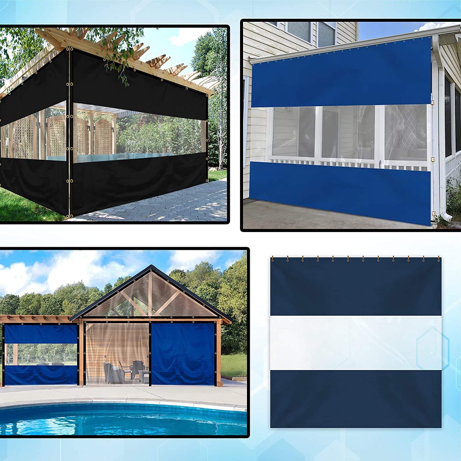 12 oz Vinyl Outdoor Clear Panel Curtains - Waterproof & Weather Resistant Patio Covers with Brass Grommets for Pergola, Porch, Gazebo, Balcony (9' H x 12' W, Blue) - Perfect for Sun Protection, Privacy & Outdoor Living Spaces