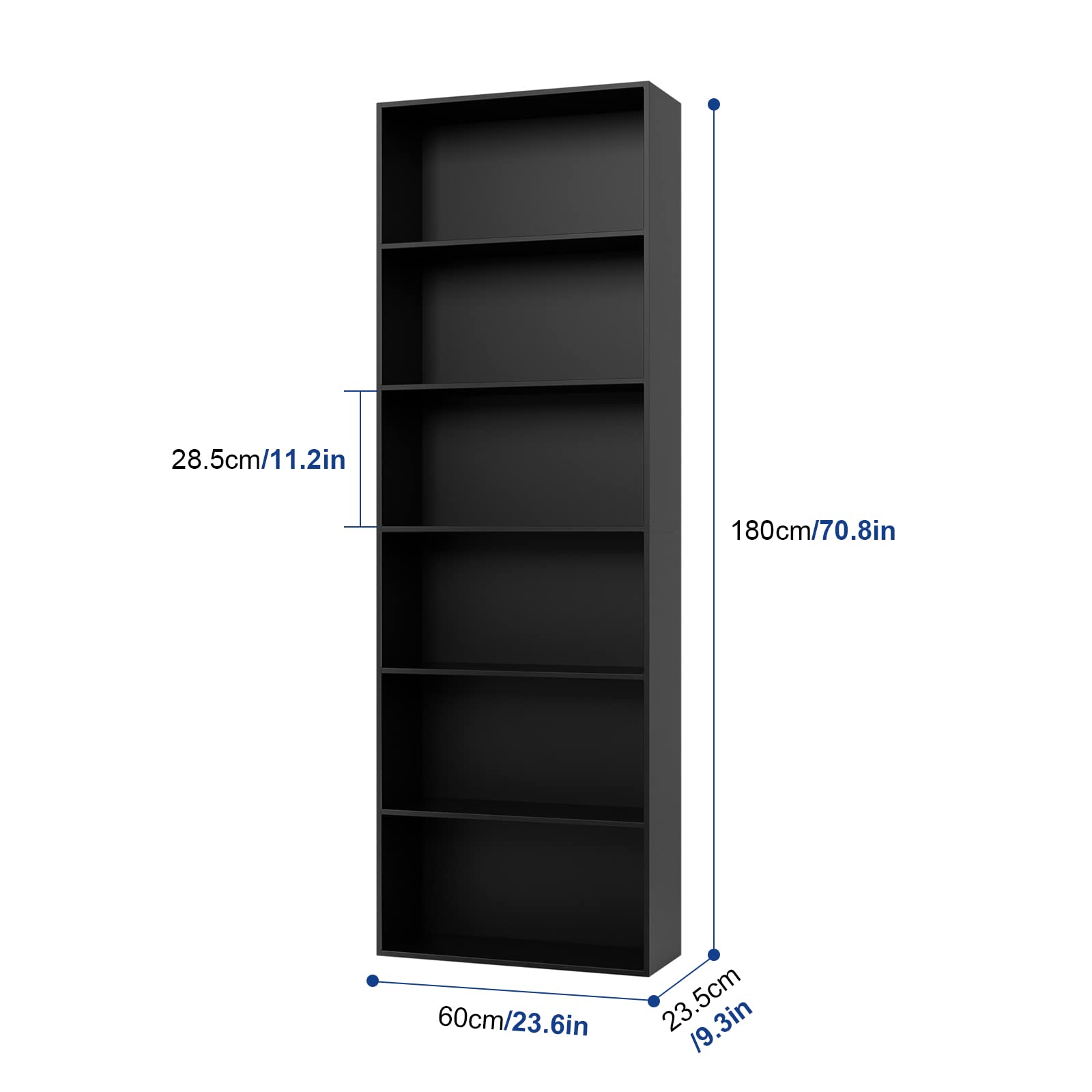 FOTOSOK 6-Tier Open Bookcase & Bookshelf - Freestanding Tall Storage Shelf for Bedroom, Living Room & Office - Modern Display Organizer for Books, Decor & Essentials - Black (Perfect for Home, Office & Dorm Organization)