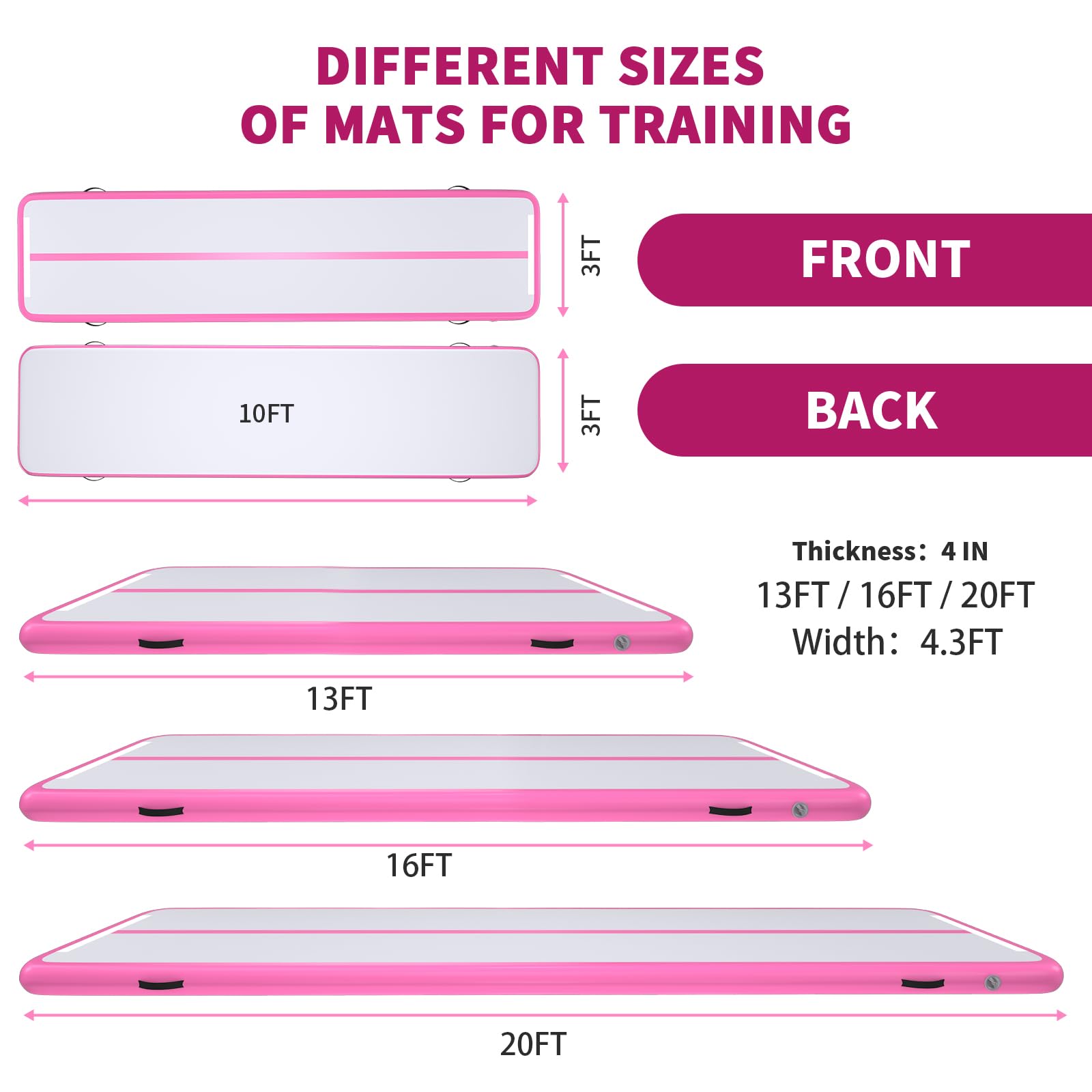 10ft 13ft 16ft 20ft Inflatable Air Gymnastics Mat - Pink & Purple Tumbling Mats with Electric Pump | 4 Inch Thick for Home Gym, Yoga, Training, Outdoor & Water Activities | Perfect for Kids Play, Gymnastics Practice & Backyard Fun