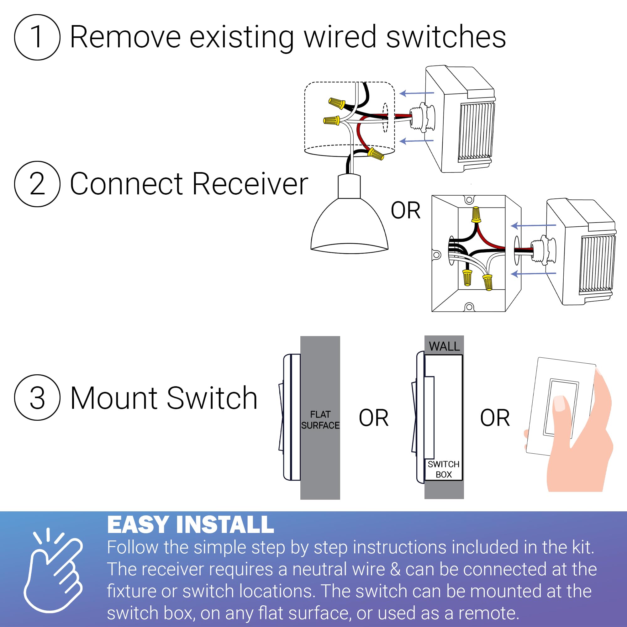 RunLessWire Self-Powered Wireless Light Switch Kit - No Wiring, Batteries or WiFi Needed - DIY Remote Control 3-Way Dimmer with 1 Receiver & 2 Switches - Black - Perfect for Bedrooms, Living Rooms & Smart Home Automation