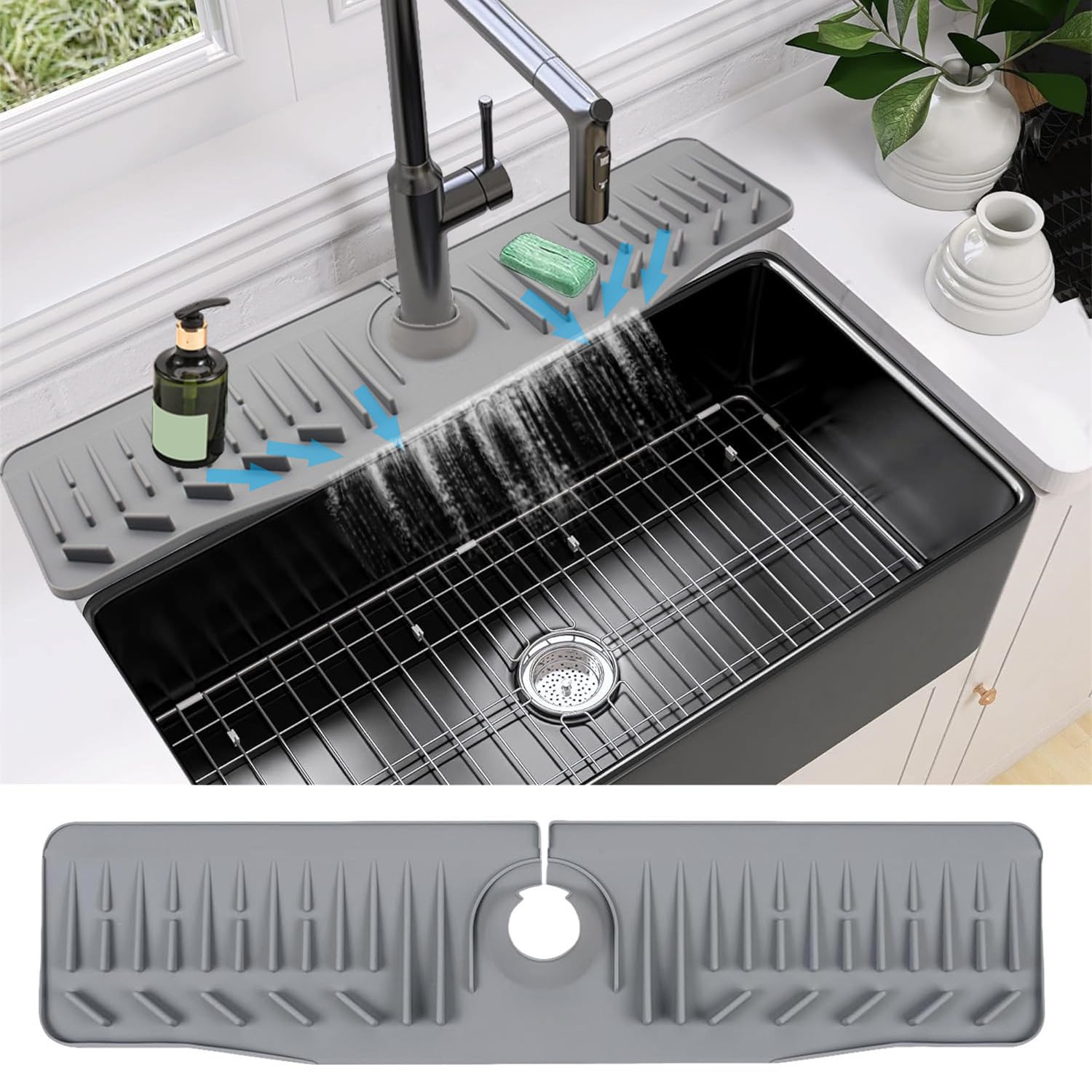 24 Inch Foldable Silicone Sink Drain Mat - Non-Slip Kitchen Counter Drying Tray, 90° Bendable Design, Drip Catcher for Faucet Handle - Perfect for Farmhouse, Bathroom & Kitchen Use (Gray)