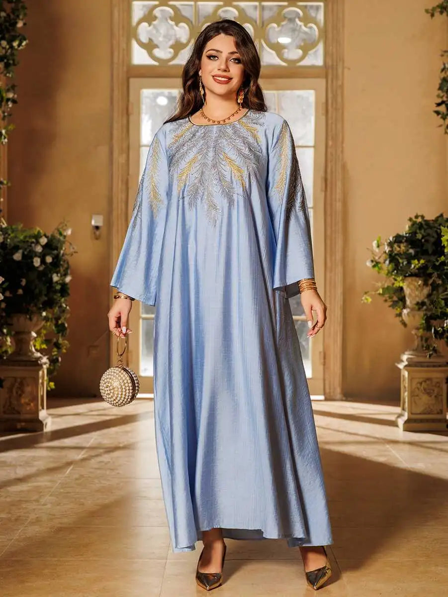 Elegant Eid Embroidered Hotfix Rhinestone Caftan Kaftan Dress for Women - Perfect for Holiday Parties, Weddings & Special Occasions