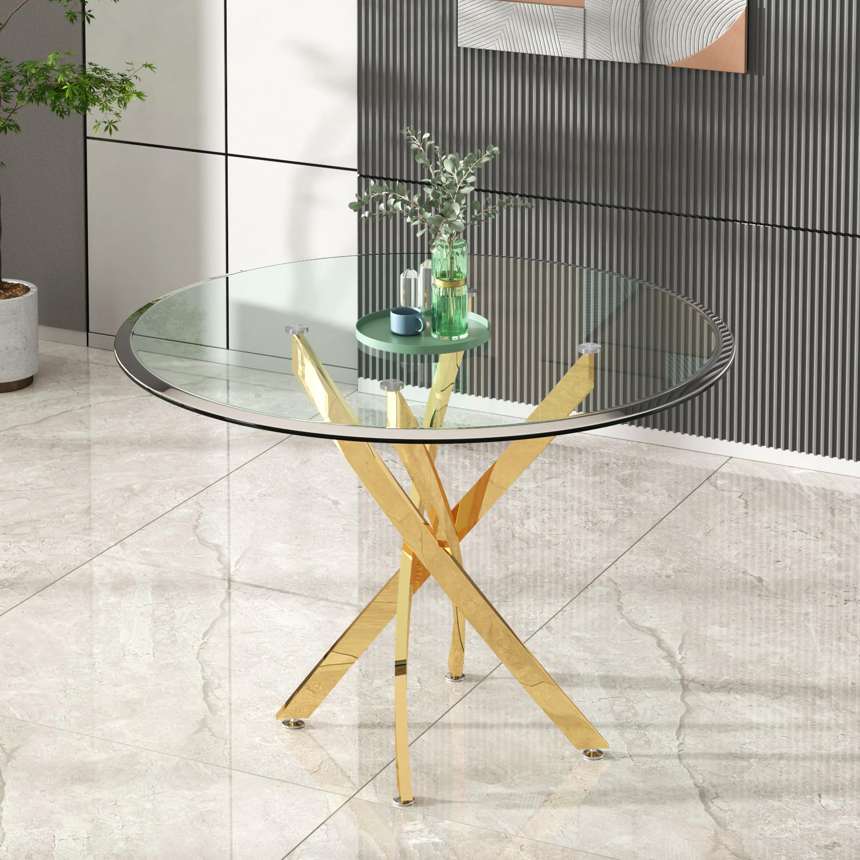 Modern Round Glass Dining Table with Tempered Glass Top & Gold Stainless Steel Base - 36 Inch Kitchen, Office, or Dining Room Table - Perfect for Small Spaces, Breakfast Nooks & Contemporary Home Decor