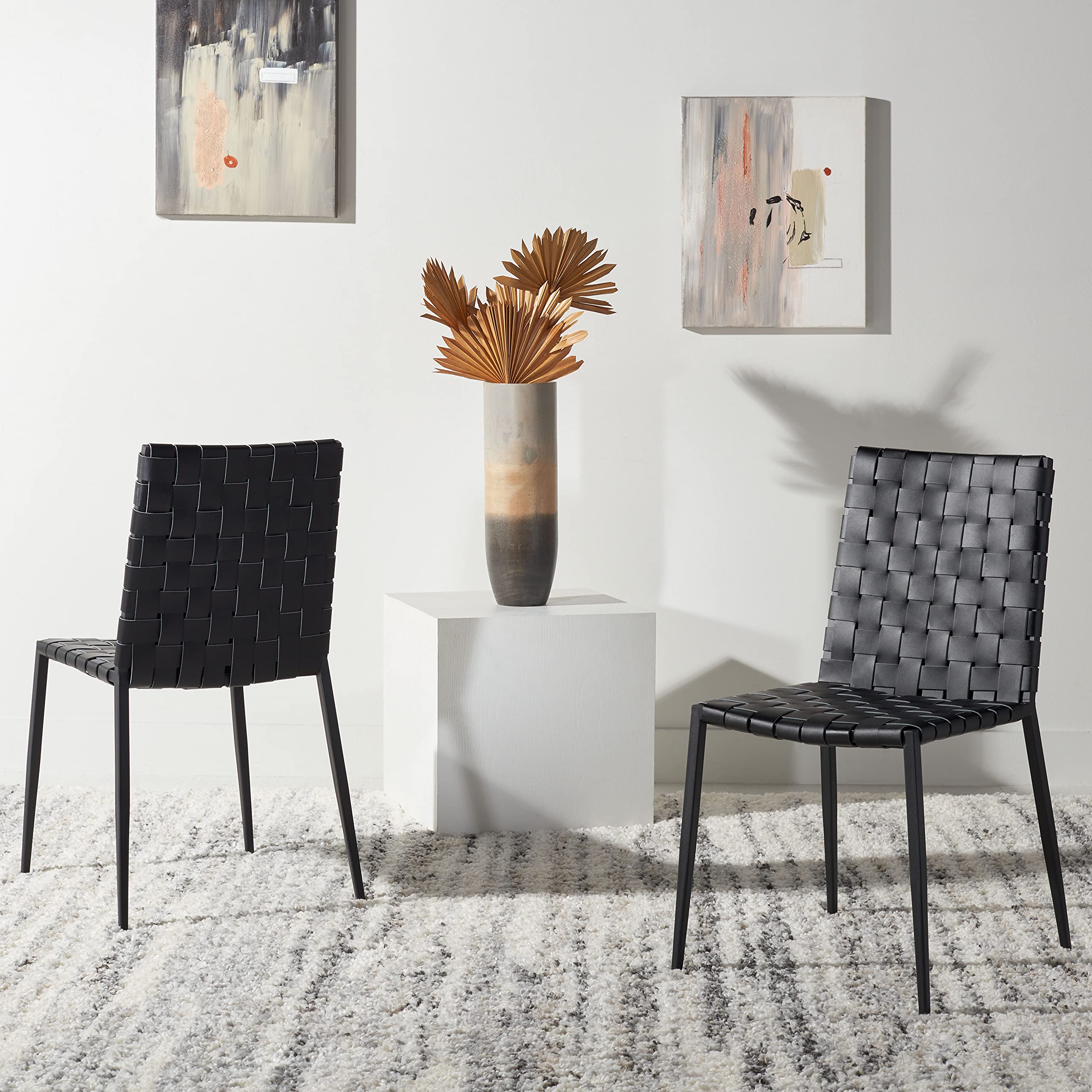 Safavieh Rayne Black Woven Leather Dining Chairs Set of 2 - Modern Fully Assembled Kitchen & Dining Room Furniture for Home & Restaurant Use