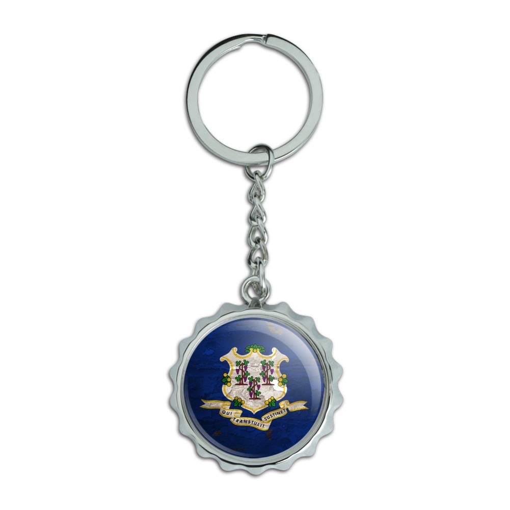 Vintage Rustic Connecticut State Flag Keychain - Distressed USA Design, Chrome Plated Metal Bottle Opener with Pop Top Cap - Perfect for Home Bars, Camping, Travel & Collectors Gift