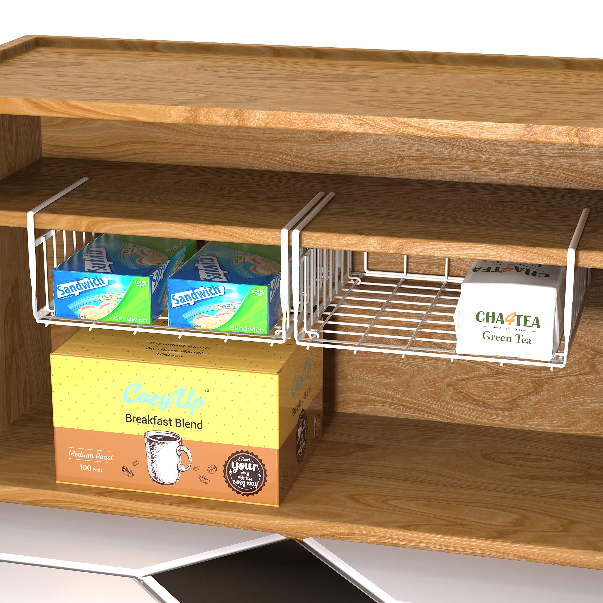 Under Shelf Basket Organizer - White Space Saving Storage for Kitchen, Bathroom & Pantry - Perfect for Spices, Utensils & Small Items