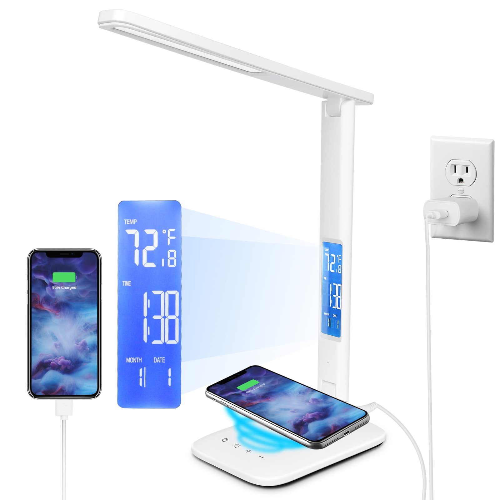 10W LED Desk Lamp with Wireless Charger & USB Port - Touch Control, Dimmable 3 Modes & 5 Brightness Levels - Adjustable Home Office Reading Light with Alarm Clock, Date & Temperature Display - Perfect for Study, Work & Nightstand Use (White)