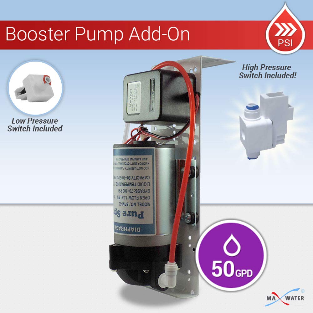 50 GPD Reverse Osmosis Booster Pump with High & Low Pressure Switches, Holding Bracket, 2 Fittings (1/4