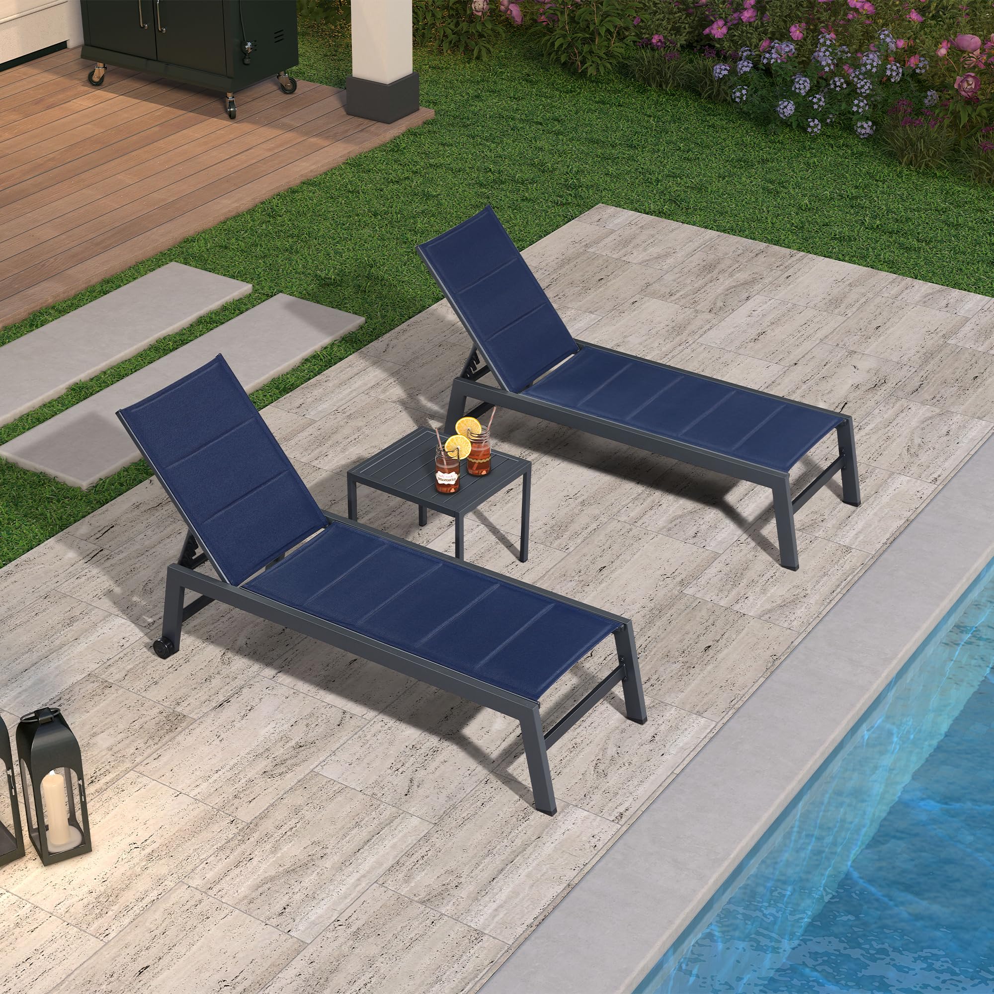 PURPLE LEAF Outdoor Chaise Lounge Set of 2 - Aluminum Patio Lounge Chairs with Wheels & Side Table - Navy Blue Poolside Furniture for Backyard, Garden, and Beach Relaxation