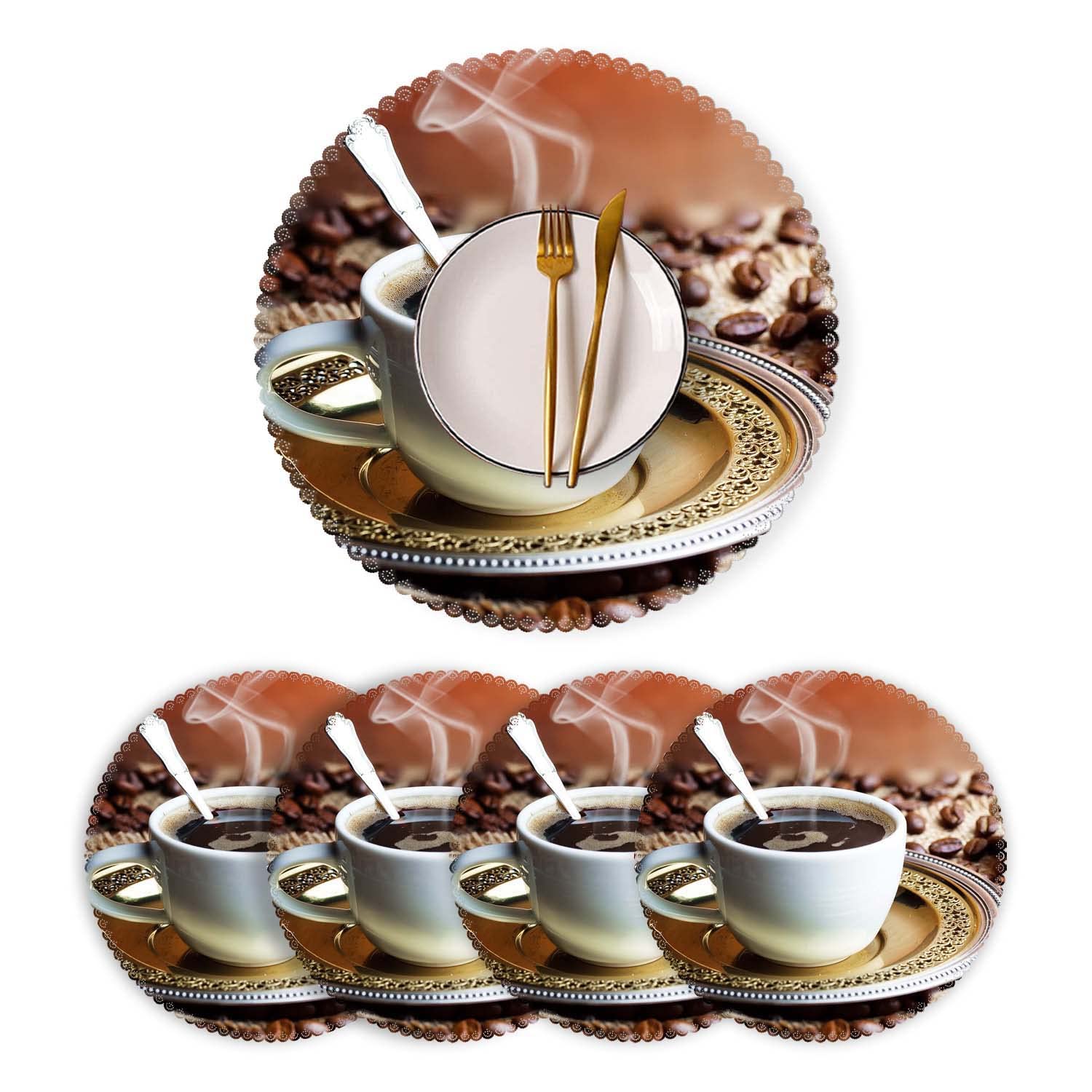 **Round Heat-Resistant Washable Polyester Placemats - Set of 4 for Kitchen & Dining Table Decor - Coffee Theme - Perfect for Everyday Meals, Dinner Parties & Holiday Gatherings**