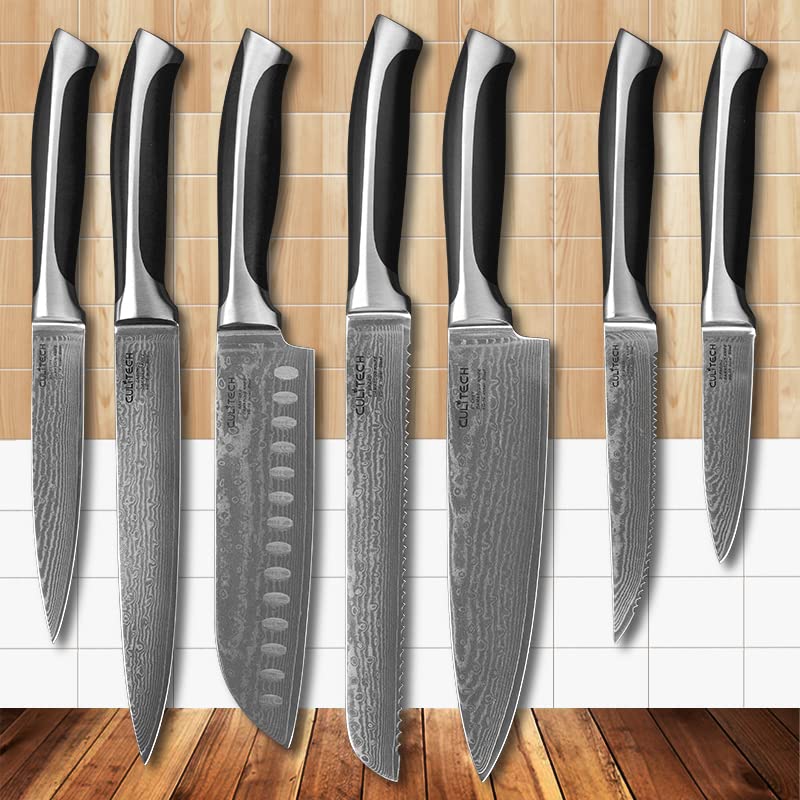Premium 10+3 Piece Damascus Steel Kitchen Knife Set with Scissors, Peeler & Sharpener - Includes Acrylic Holder for Home Chefs & Professional Cooking Enthusiasts - Perfect for Slicing, Dicing, Chopping & Food Prep in Modern Kitchens