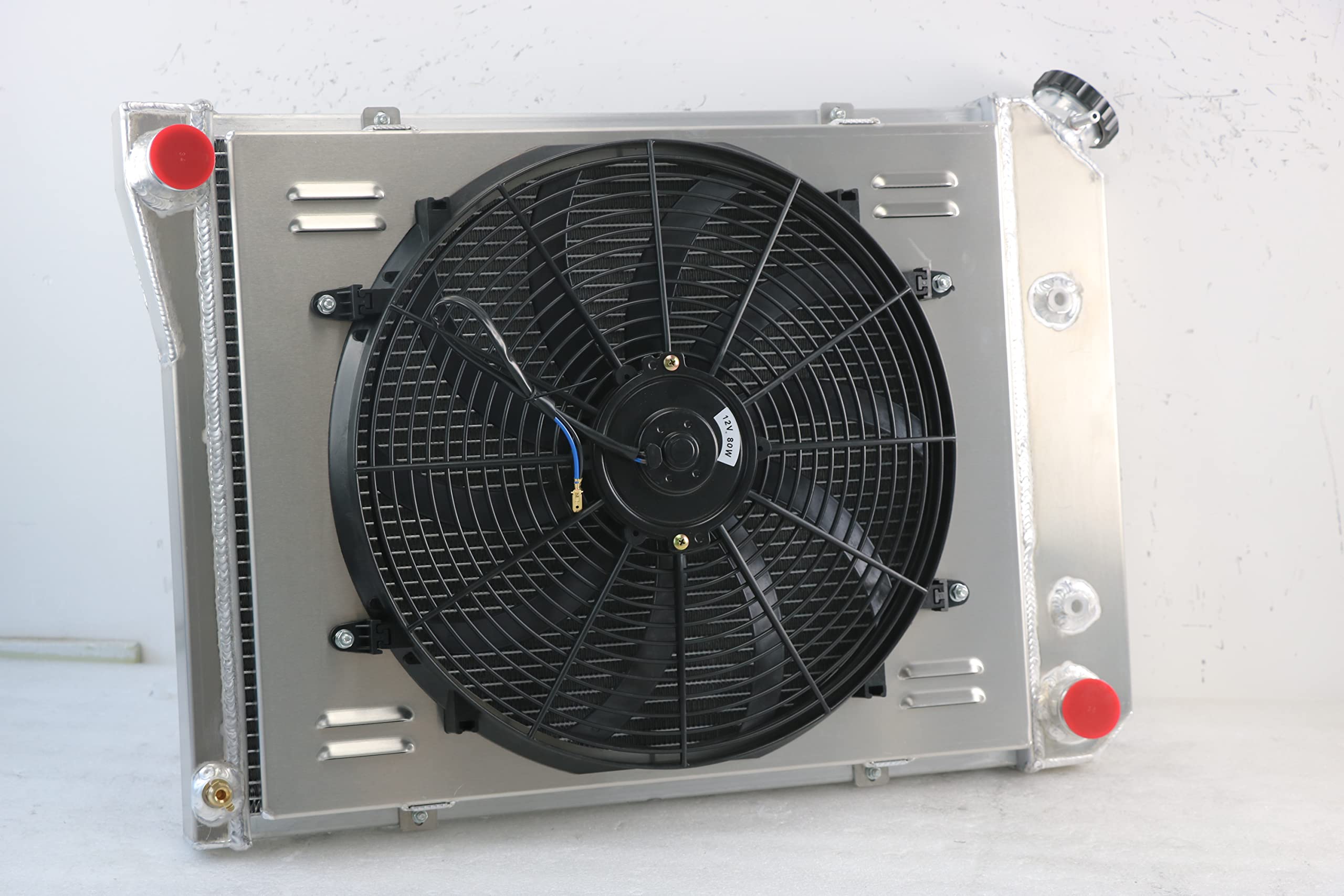 4 Row Aluminum Radiator with Electric Fan Shroud & Thermostat Kit - Compatible with 1974-1979 Chevy Nova, 1975-1984 El Camino, 1974-1981 Camaro, Impala, Skylark & Multiple GM Models - High-Performance Cooling for Classic Car Restoration & Hot Rod Upgrades