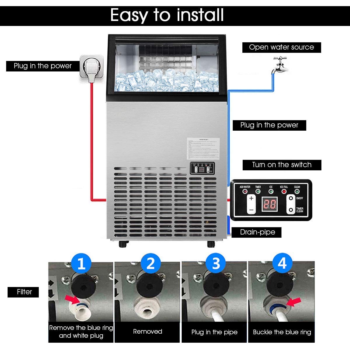 MAT EXPERT Commercial & Home Ice Maker Machine - 33lbs Stainless Steel Electric Ice Cube Maker with Storage Bin & Ice Shovel - Free Standing for Restaurants, Bars, Coffee Shops, Parties & Home Use - Perfect for Beverage Service, Cocktails & Entertaining