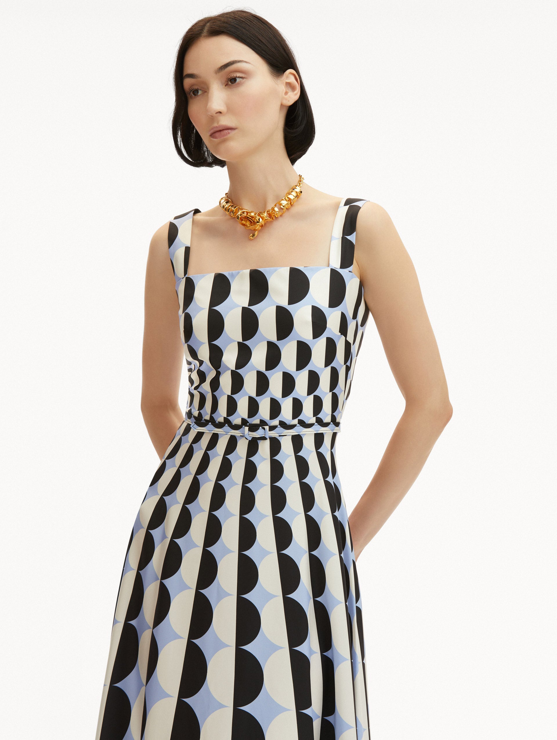 Geometric Circle Silk Twill Sleeveless Dress for Women - Elegant Summer Cocktail Party & Wedding Guest Outfit