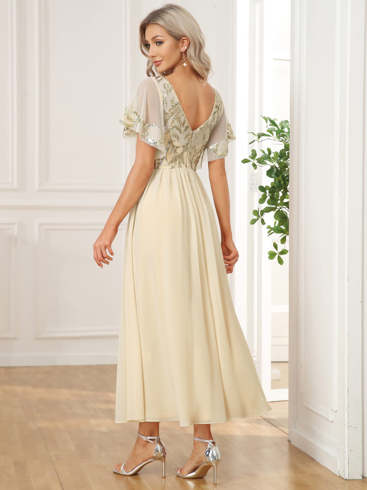 Ever-Pretty Women's Elegant V-Neck Sequin Applique Ruffled Sleeve Backless A-Line Evening Gown 01583 - Perfect for Prom, Cocktail Party & Black Tie Events