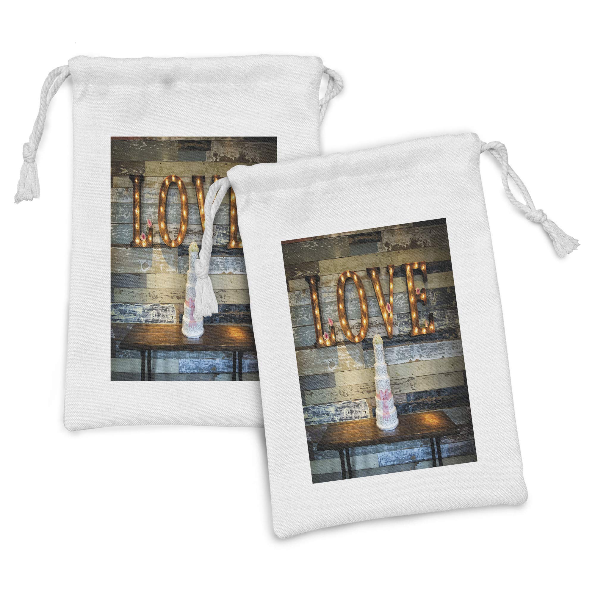 Ambesonne Wedding Fabric Pouch Set of 2 - Love & Cake Print Drawstring Bags for Toiletries, Masks & Party Favors (9