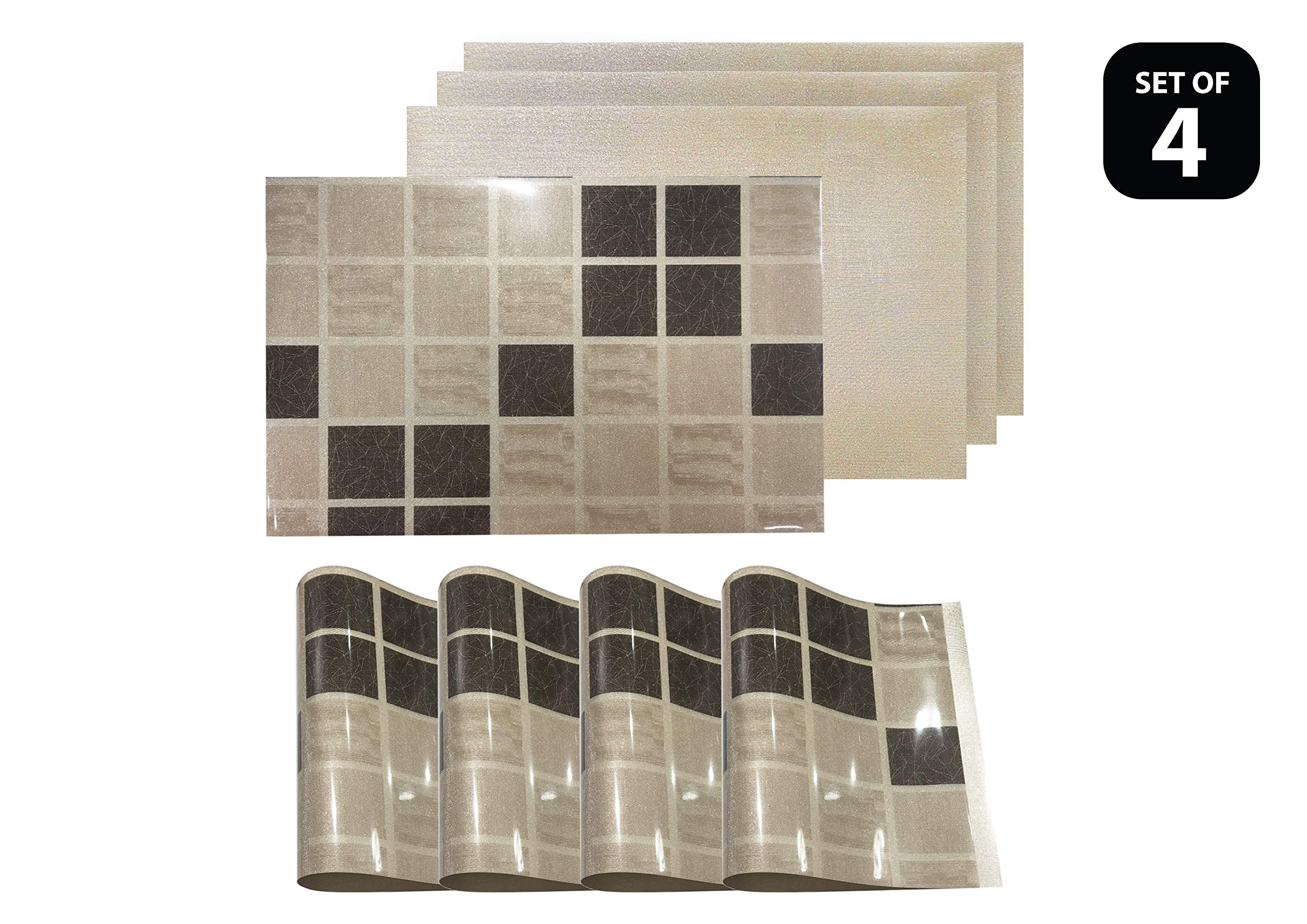 Brown Shimmer Rectangle Vinyl Placemats Set of 4 - Heat Resistant, Non-Slip & Easy Clean Dining Table Mats (12x18 Inch) - Elegant Home Decor for Dinner Parties, Holiday Meals & Modern Kitchens