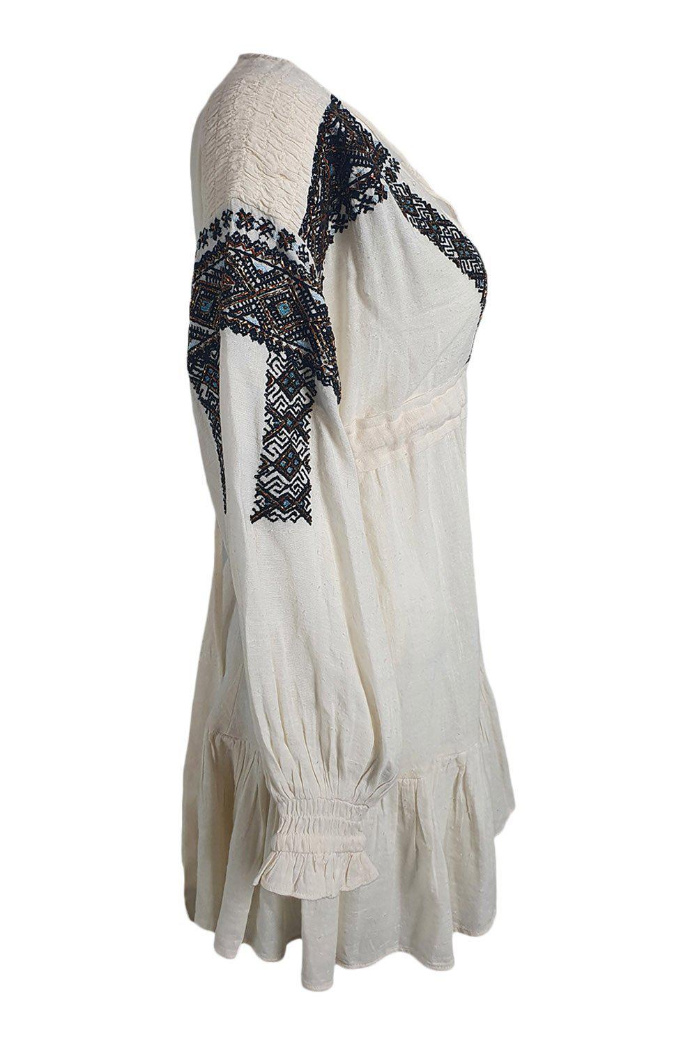FREE PEOPLE Boho Cotton Blend Ivory Beaded Mini Dress (Large) - Perfect for Summer Festivals, Beach Vacations & Boho Chic Outfits