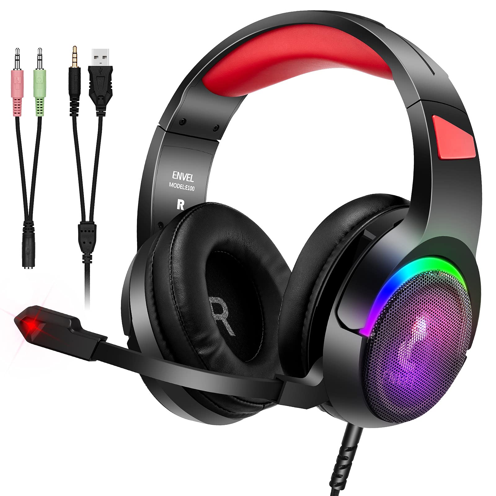 ENVEL Gaming Headset with Mic for PC, PS4, PS5, Xbox One - Over-Ear Headphones with RGB LED Lights, Volume Control & Noise Cancellation - Perfect for Gaming, Streaming, Video Calls on Laptop, Smartphone & Computer