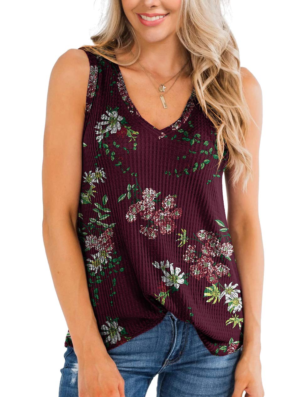IWOLLENCE Women's Waffle Knit V-Neck Tank Top - Summer Casual Sleeveless Shirt, Loose Fit Blouse for Beach, Travel & Everyday Wear