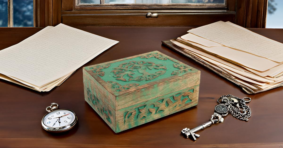 Handmade Wooden Jewelry Box with Tree of Life Carving - Decorative Jewelry Organizer, Keepsake Box, Watch Storage & Trinket Holder - Perfect for Birthday, Housewarming Gifts & Home Décor (Green)