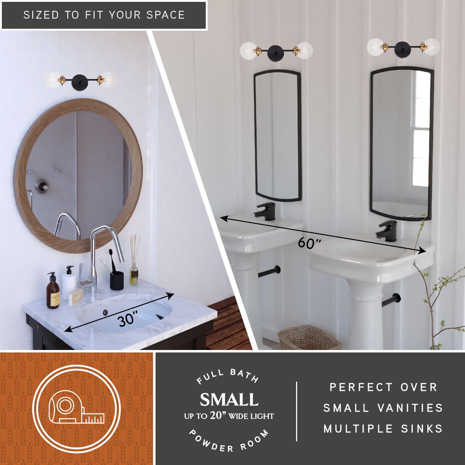 VAXCEL Orbit 2 Light Wall Sconce - Industrial Modern Brass & Oil Rubbed Bronze Fixture with Clear Glass Globe - Perfect for Bedroom, Living Room, and Hallway Lighting