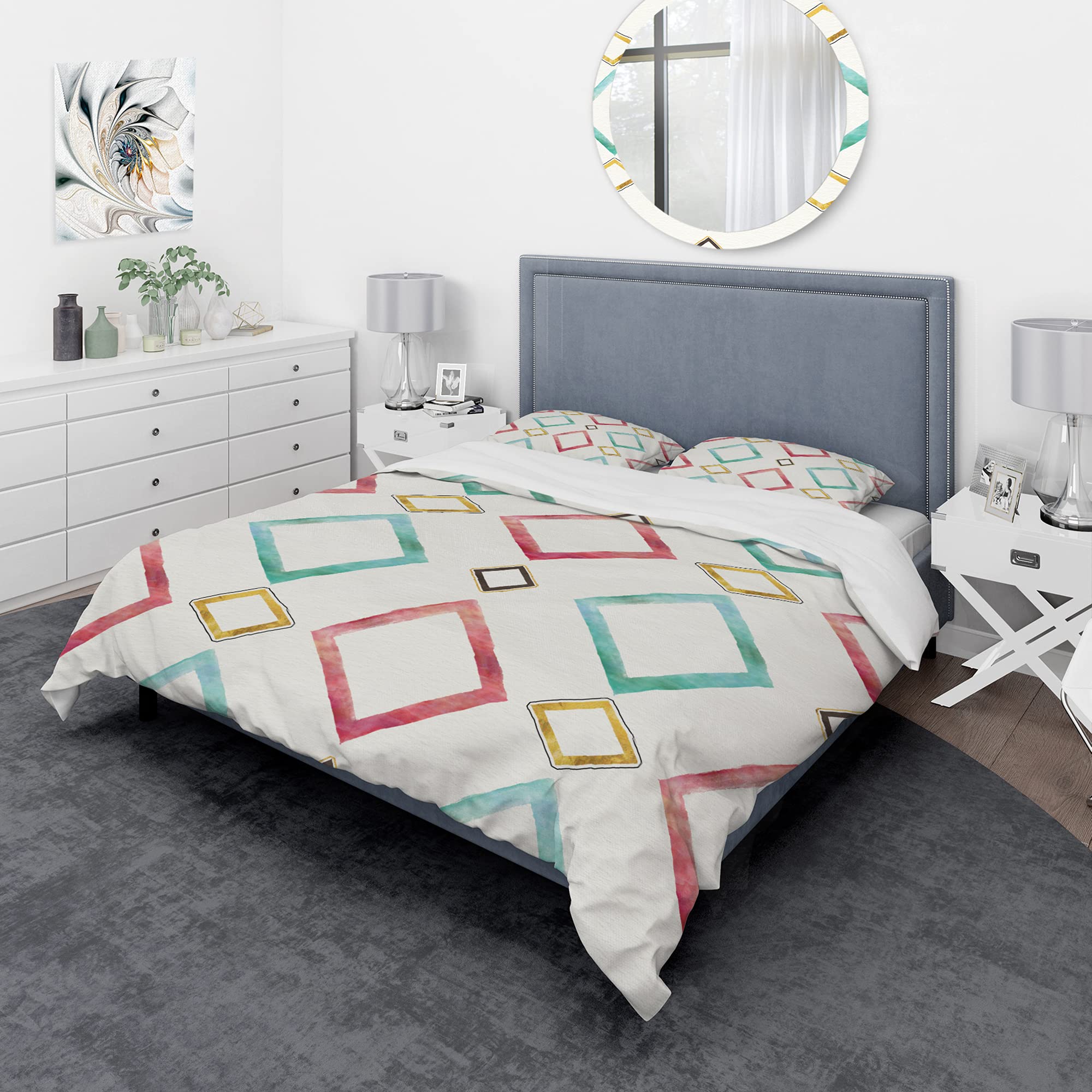 DesignQ Gilded Red & Blue Diamonds Mid-Century Modern Duvet Cover Set - Twin Size Blue Abstract Bedding (3-Piece) | All-Season Luxury Bedroom Decor for Guest Rooms & Master Suites