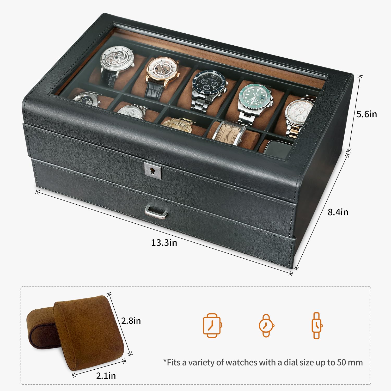 Premium Leather Watch Box with Drawer - 10 Slot Locking Jewelry & Watch Organizer for Men - Luxury 2-Tier Watch Case Display - Perfect for Watch Collection Storage & Travel Use