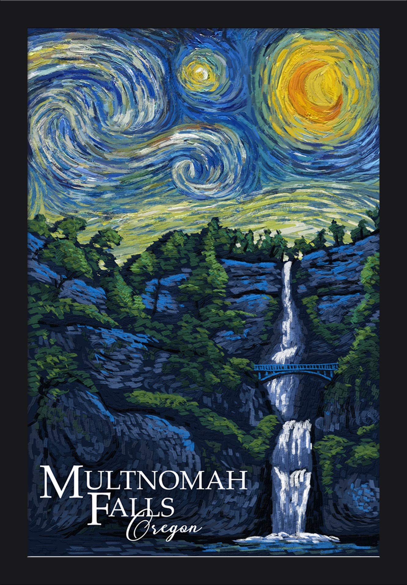 Van Gogh Starry Night Fine Art Print - 16x24 Giclee on Recycled Wood Frame (Black) - Oregon Multnomah Falls Inspired Wall Decor for Living Room, Bedroom & Office