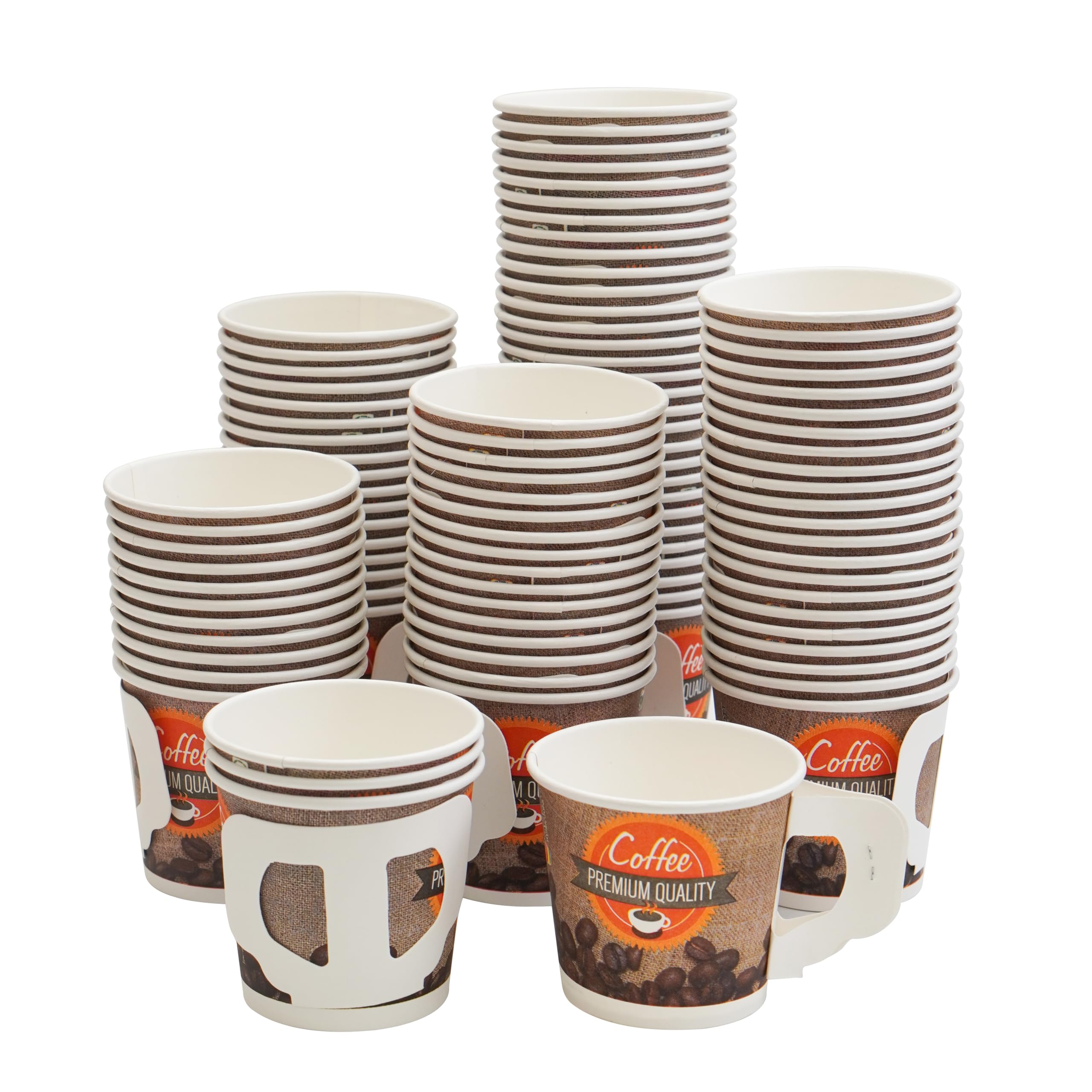 PARICOTT - 100 Pack Disposable Coffee Cups 150ml, Printed Paper Tea/Coffee Mugs, Eco-Friendly Recyclable Single-Use Drinkware for Office, Parties, Picnics & Catering Events - Multicolor Handle Cups
