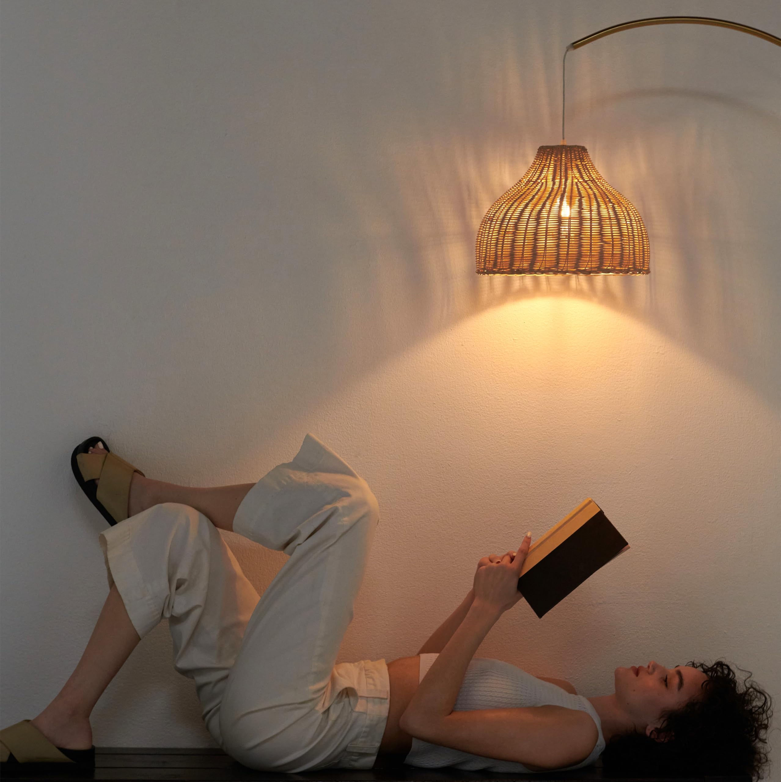 Brightech Lark Arc Floor Lamp with Hanging Wicker Shade - Modern Standing Lamp for Living Room, Bedroom & Office - Adjustable Reading Light with Brass Finish - Perfect for Boho Decor, Home Office & Cozy Reading Nook
