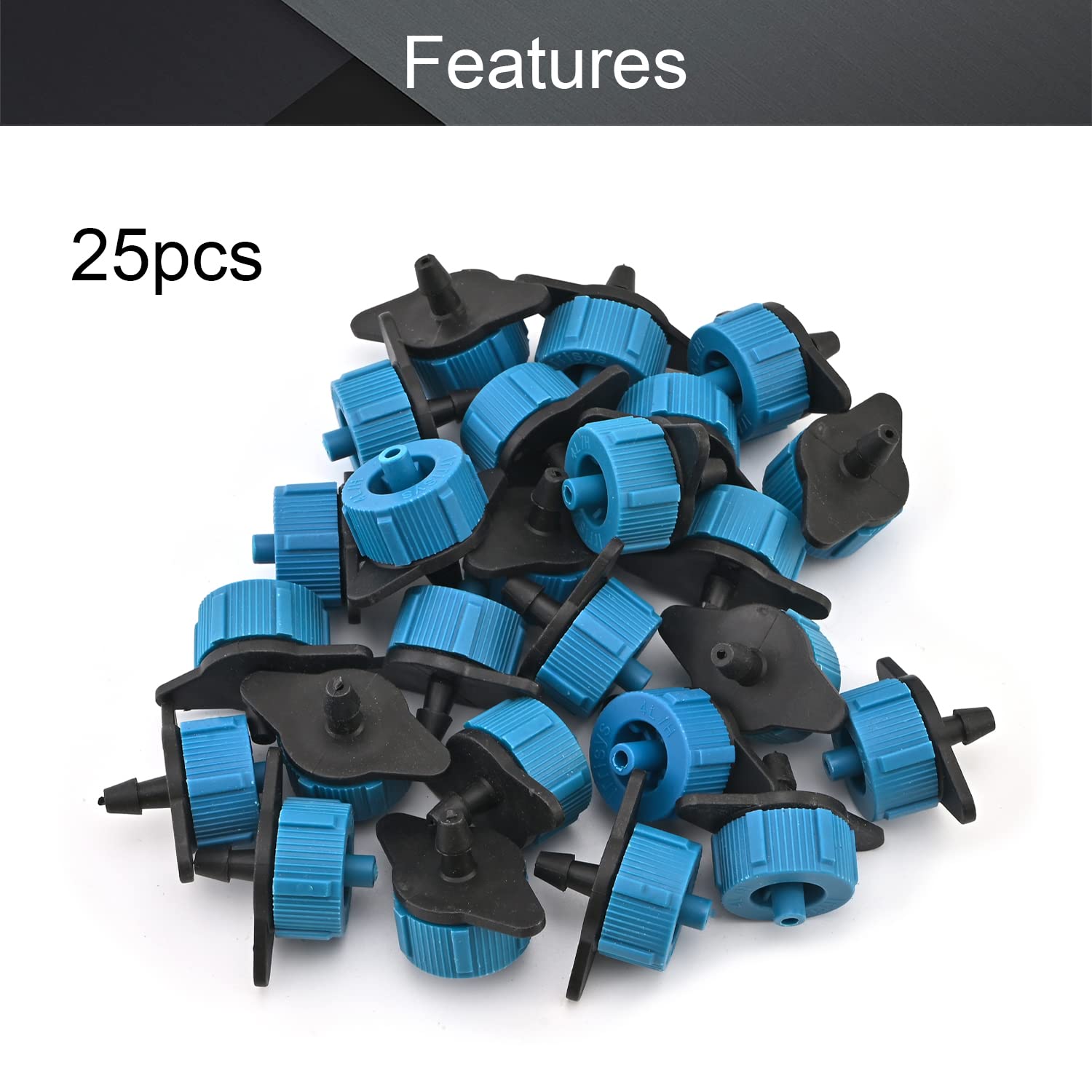 MroMax 4L/H Pressure Compensating Drip Emitters - 25 Pack Black & Blue Plastic Barbed Hose Connectors for Garden Lawn Drip Irrigation System | Perfect for Vegetable Gardens, Flower Beds & Water Conservation