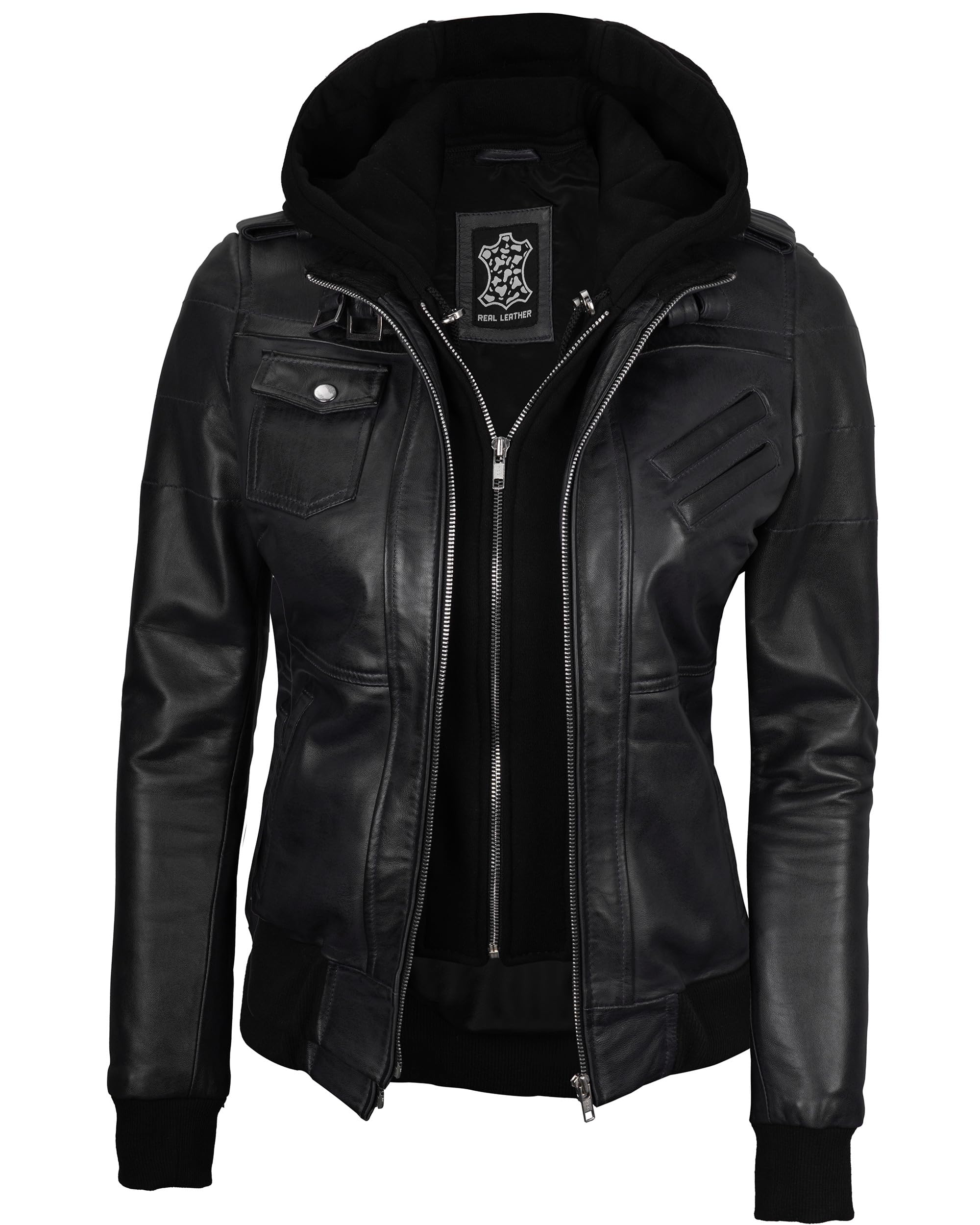 Genuine Lambskin Bomber Jacket for Women - Real Leather Jacket with Detachable Hood | Stylish Outerwear for Casual, Night Out & Fall Fashion