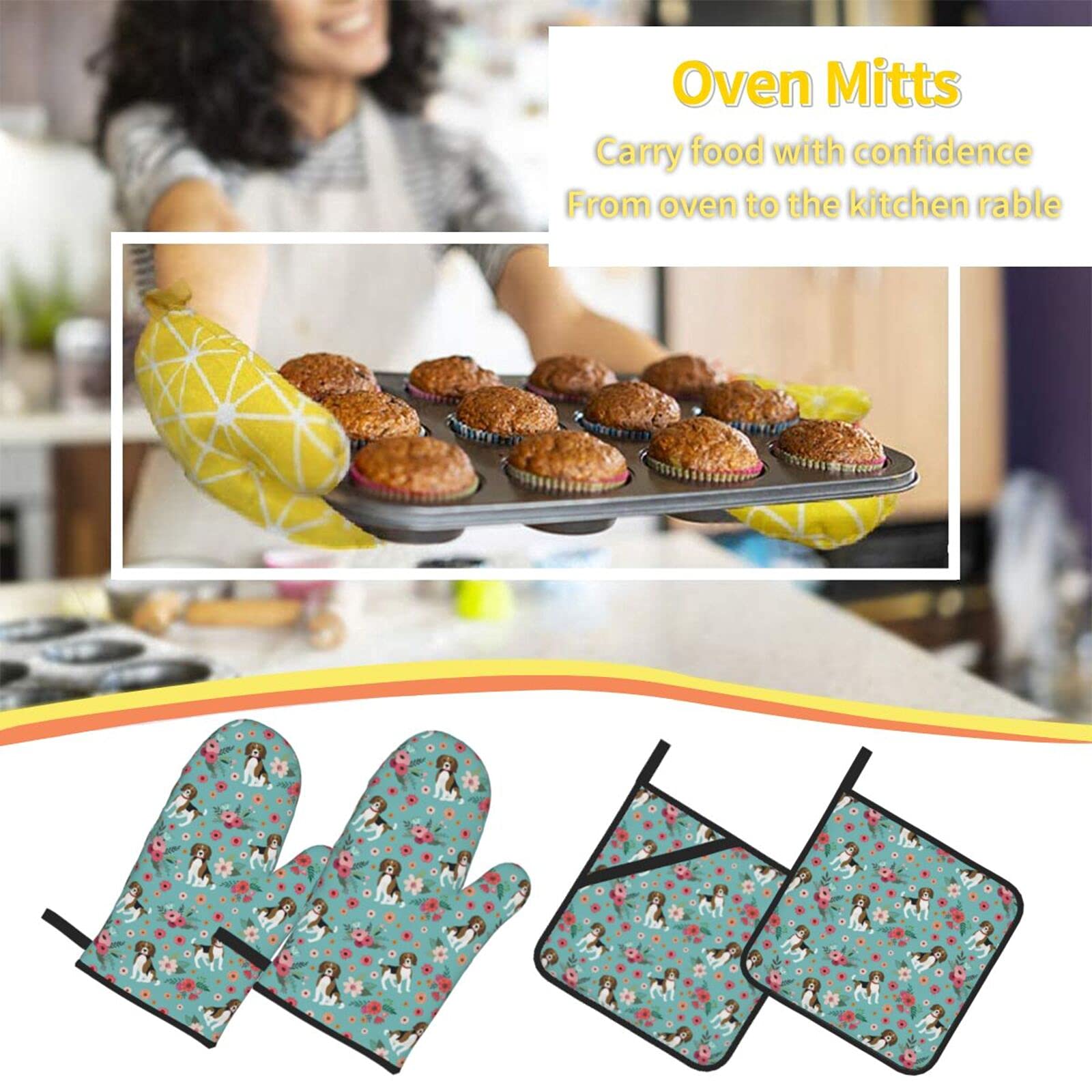 Heat Resistant Beagle 4-Piece Oven Mitts and Pot Holders Set - Non-Slip Kitchen Gloves with Cotton Lining for Cooking, Baking, BBQ & Grilling - Perfect for Home Kitchen, Outdoor Camping and Holiday Gift Giving