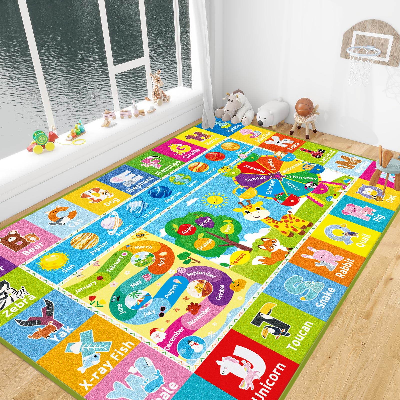 **AKASISRUG Educational Kids Play Mat - ABC, Animals, Months, Weeks, Fruits & Planets Learning Rug for Playroom, Classroom & Bedroom - Non-Slip Baby Play Mat (78.7