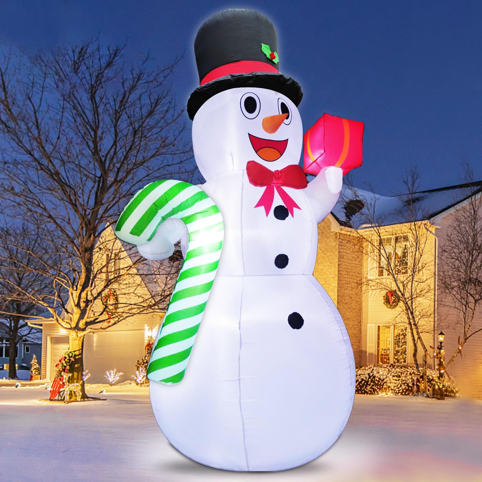TURNMEON 10ft Giant Inflatable Snowman with Candy Cane - LED Christmas Outdoor Decorations with Stakes & Tethers - Holiday Blow Up Yard Decor for Xmas Party, Home, Garden, and Lawn Decoration