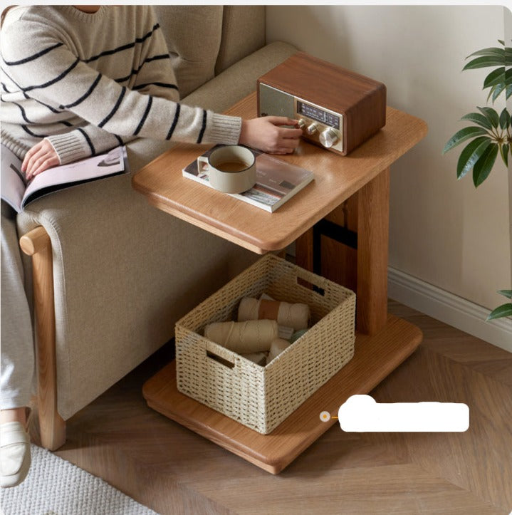 Solid Oak Wood Liftable Foldable Side Table - Adjustable Height for Living Room, Bedroom, or Office Use