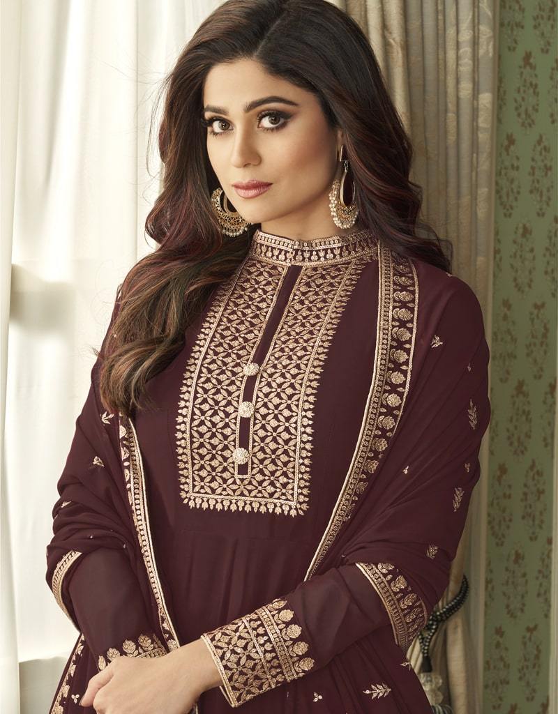 Elegant Brown Anarkali Style Gown in Real Georgette Fabric - Perfect for Weddings, Parties & Special Occasions