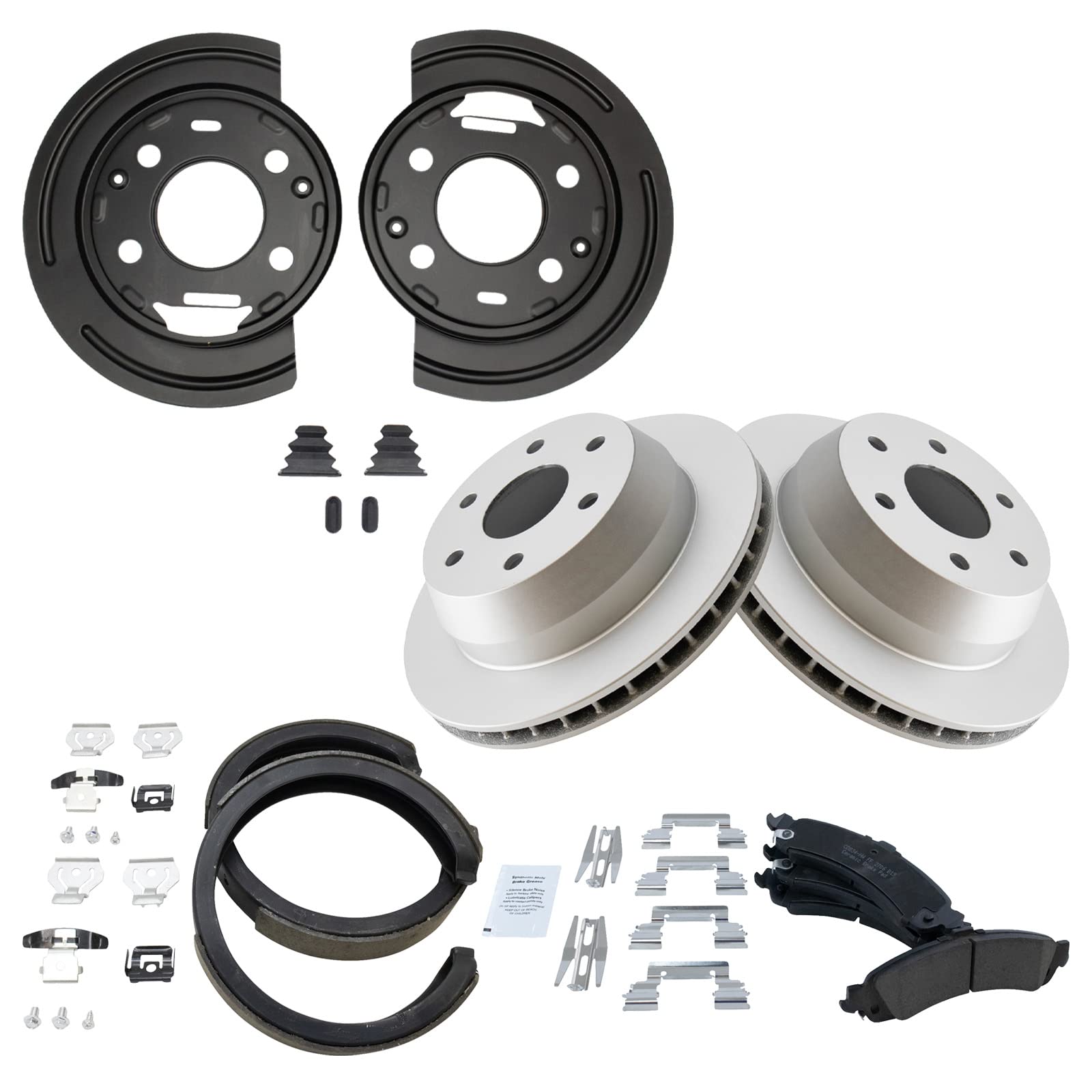 TRQ Ceramic Brake Pad & Rotor Kit for GM Vehicles - Rear Parking Shoe & Backing Plates Included | Durable Braking Performance for Trucks, SUVs & Sedans | Perfect for City Driving & Highway Commuting