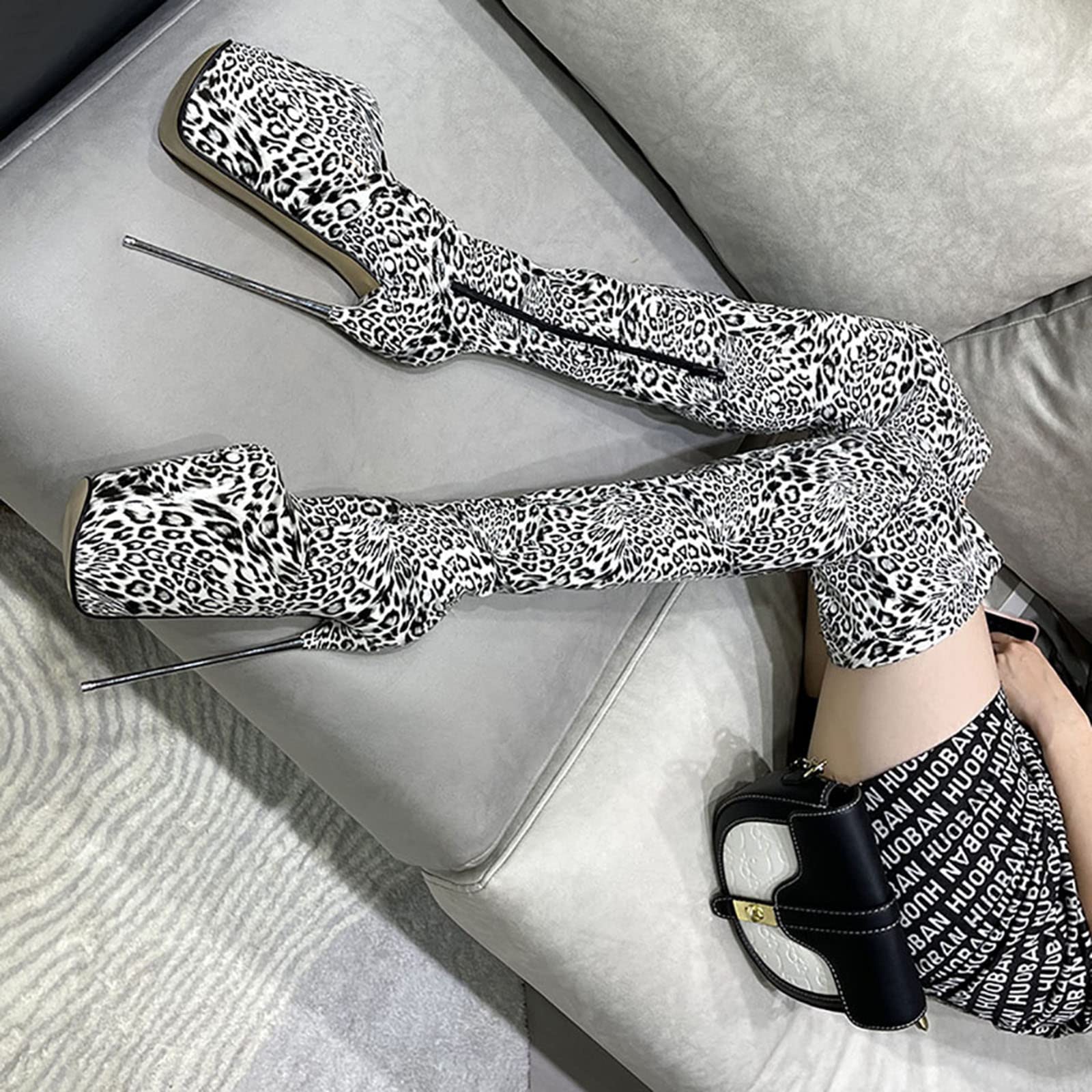 Vujkliy Women's Over The Knee Leopard Print High Heel Boots - 19cm Steel Heel, Sexy Zipper Tall Boots, Round Toe Pole Dance Shoes for Striptease Performance & Nightclub Wear - Plus Size Available