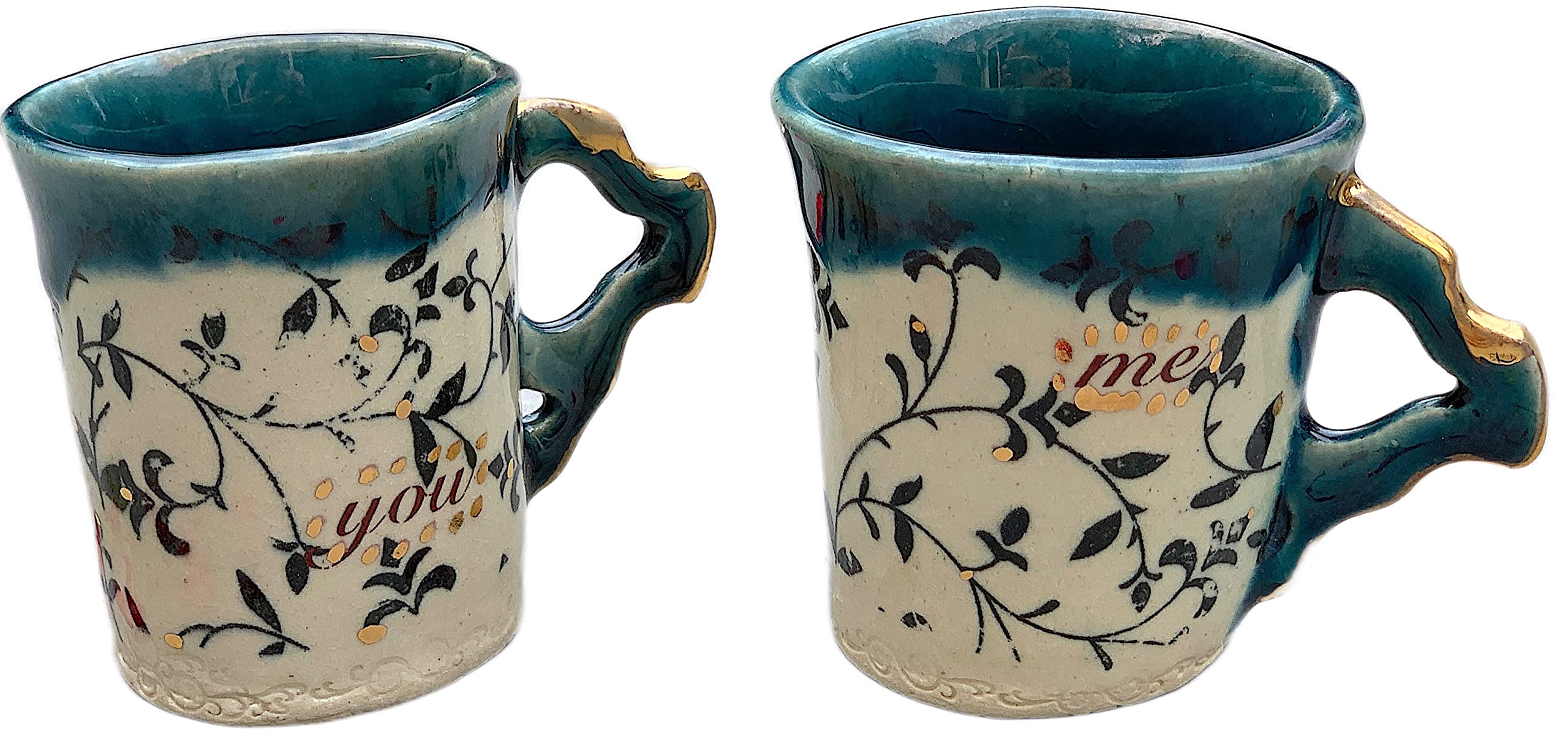 Handmade Ceramic Blue Gold and Black Espresso Cup Set of 2 - Small Coffee Mugs for Couples, Unique Wedding, Anniversary, Birthday, Engagement & Bridal Shower Gift - Perfect for Romantic Coffee Dates & Home Decor