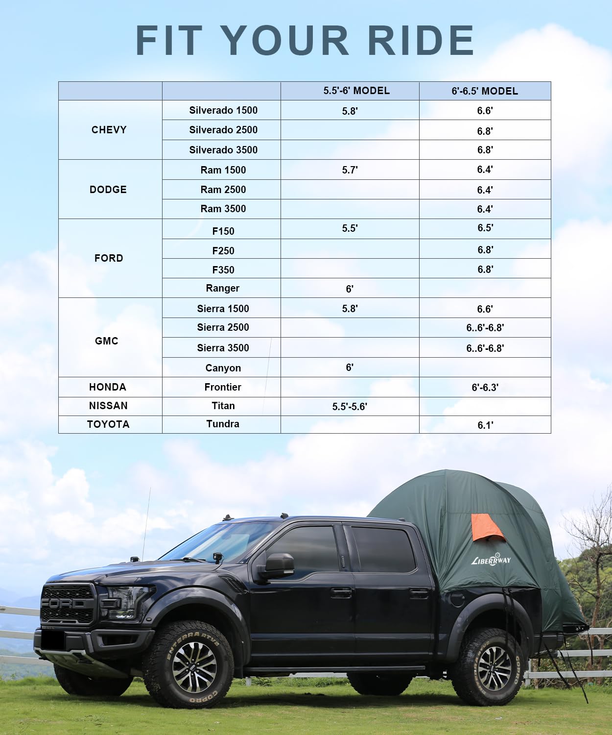 LIBERRWAY 5.5-6 FT Truck Bed Tent - Waterproof PU2000mm Double Layer with Rainfly - 2 Person Pickup Truck Tent for Camping & Outdoor Adventures - Green | Perfect for Road Trips, Tailgating & Off-Grid Camping